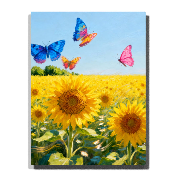 Colorful butterflies over sunflower field paint by numbers kit, bright summer landscape wall art for adults PaintEasy