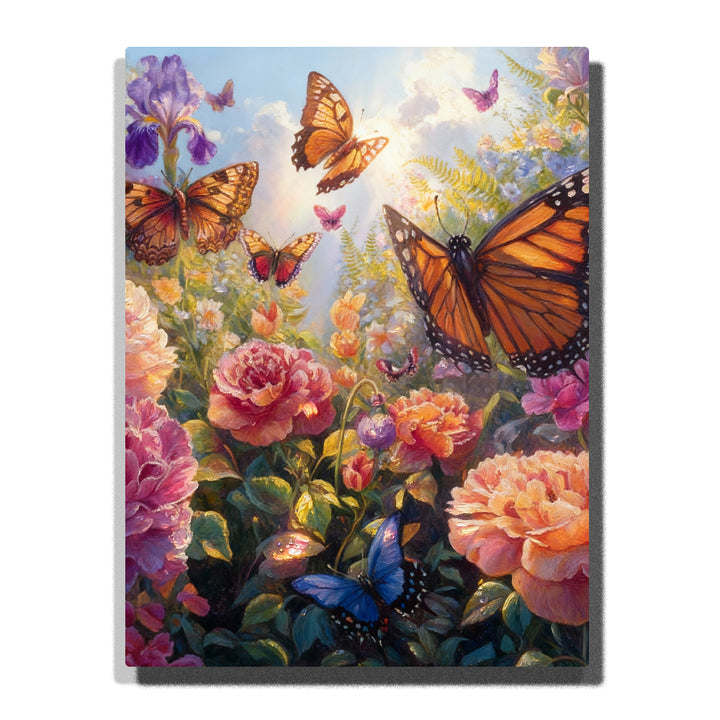 Monarch Butterfly Paint by Numbers For Adults featuring orange monarch butterflies and blue butterfly flying among pink coral peonies, purple irises and lush garden flowers