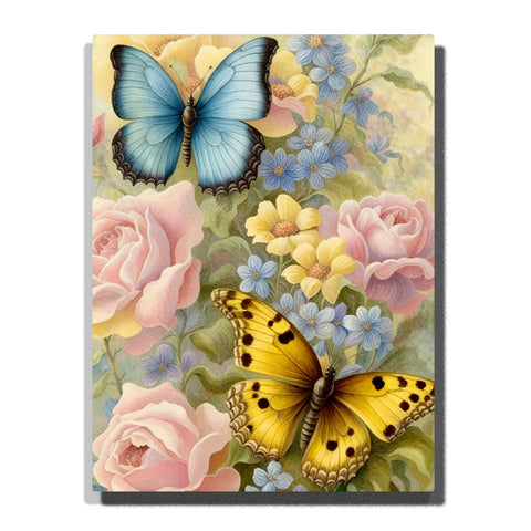 Blue and Yellow Butterflies Paint by Numbers For Adults featuring powder blue and golden butterflies among blush pink roses, small blue flowers, yellow blossoms and sage green foliage