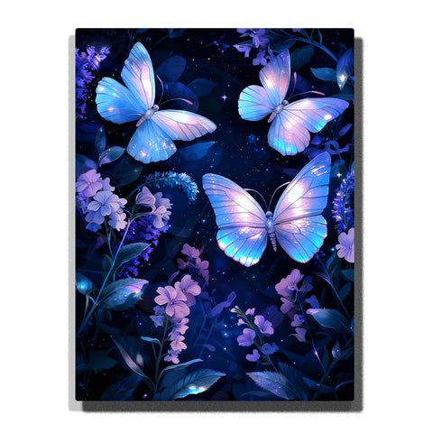 Paint by numbers kit featuring blue butterflies in night garden with soft glow and floral details