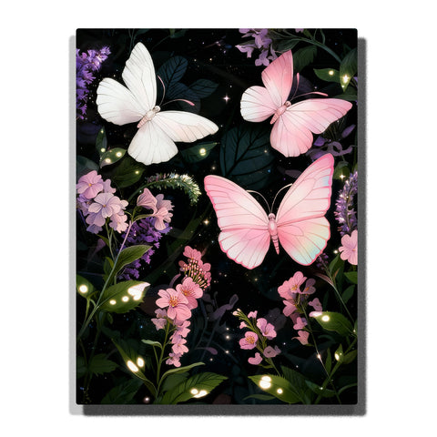 Paint by numbers kit featuring pink and white butterflies among flowers with soft glowing lights in dark garden