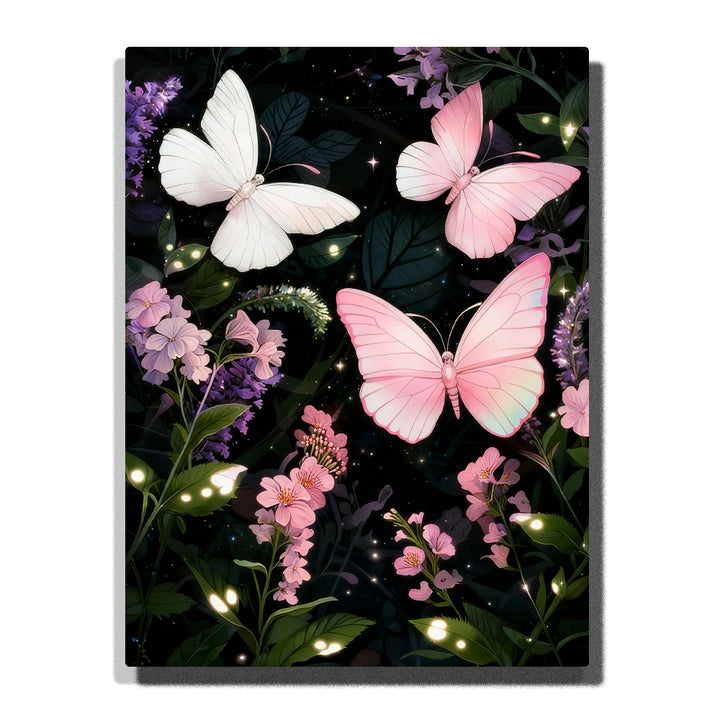 Paint by numbers kit featuring pink and white butterflies among flowers with soft glowing lights in dark garden