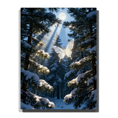 Paint by numbers kit featuring glowing butterfly in snowy forest with moonlight beams and winter trees