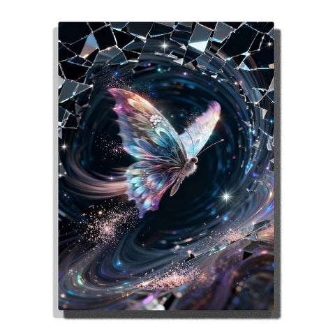 Paint by numbers kit featuring iridescent butterfly in cosmic spiral with shattered glass effect and glowing particles