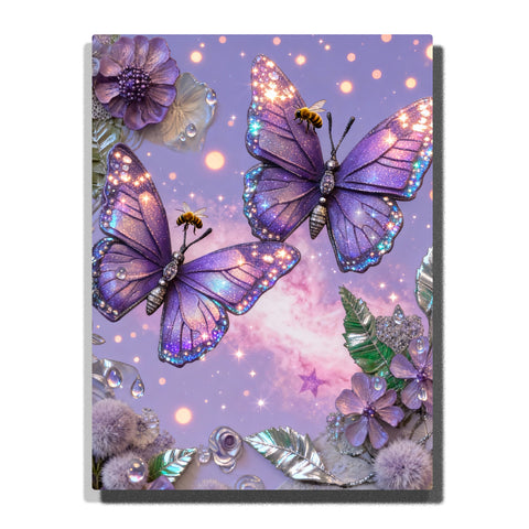 Paint by numbers kit featuring glowing purple butterflies with sparkling light particles and floral details on soft background