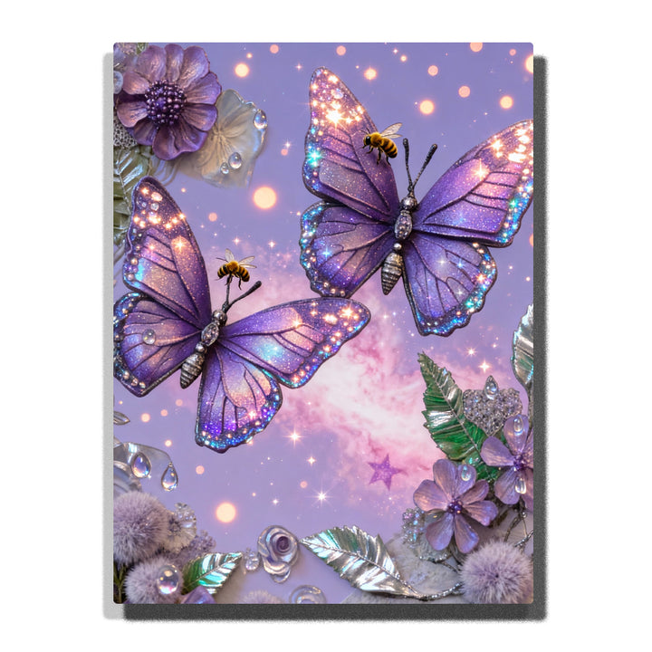 Paint by numbers kit featuring glowing purple butterflies with sparkling light particles and floral details on soft background
