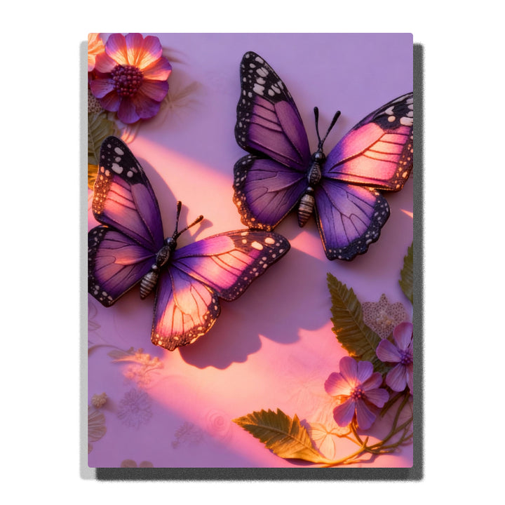 Paint by numbers kit featuring purple butterflies with warm light and floral arrangement in decorative still life style