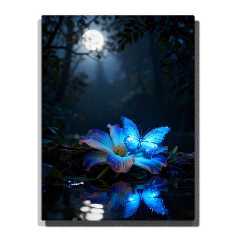 Paint by numbers kit featuring glowing blue butterfly on flower under moonlight with water reflection in night scene