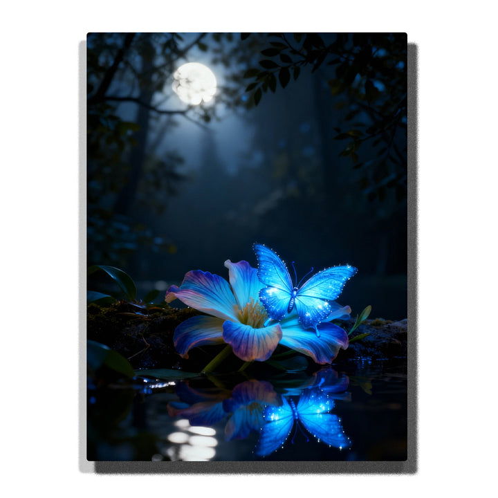 Paint by numbers kit featuring glowing blue butterfly on flower under moonlight with water reflection in night scene