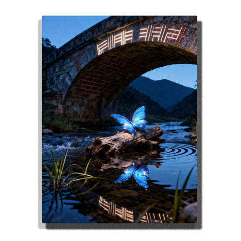 Paint by numbers kit featuring blue butterfly on rock under stone bridge with river reflection and mountains