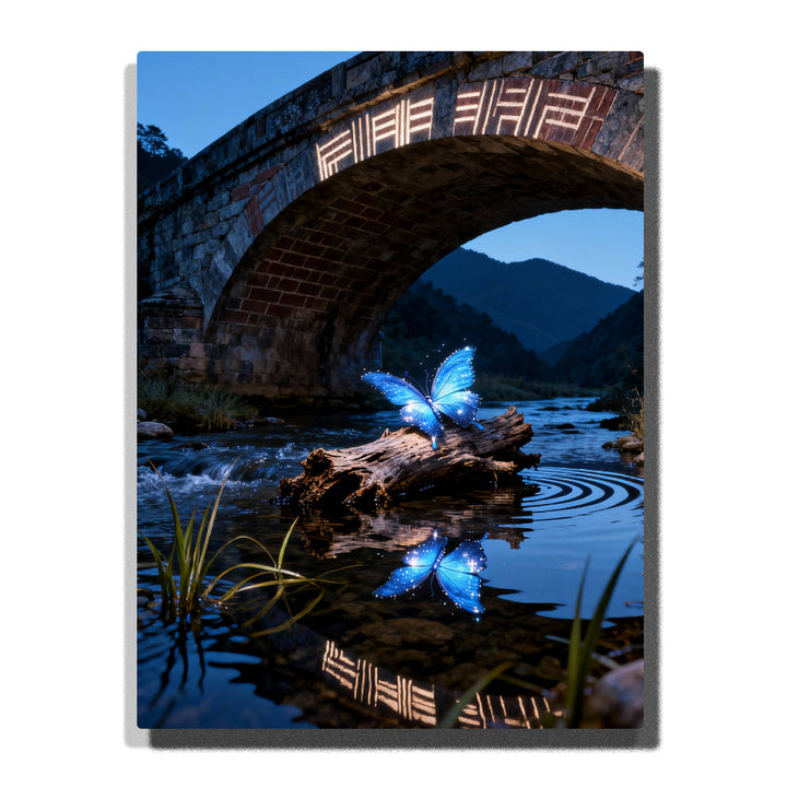 Paint by numbers kit featuring blue butterfly on rock under stone bridge with river reflection and mountains