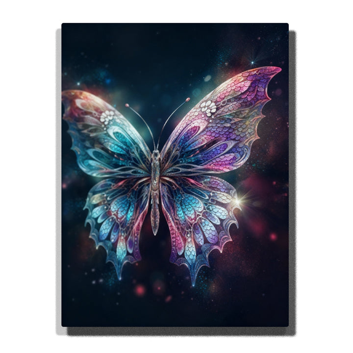 Paint by numbers kit featuring iridescent butterfly with symmetrical wings in dark glowing background