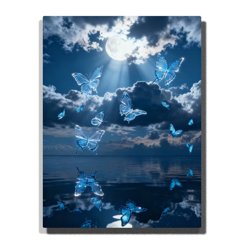 Paint by numbers kit featuring blue butterflies in cloudy night sky with moon and water reflection