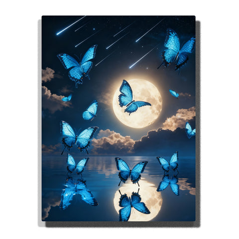 Paint by numbers kit featuring blue butterflies over ocean under full moon with reflection and shooting stars