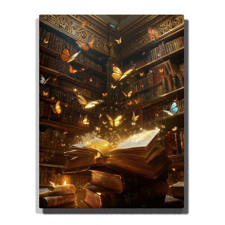 Paint by numbers kit featuring golden butterflies rising from open book in grand library with candlelight and glowing particles