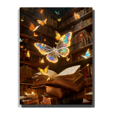 Paint by numbers kit featuring glowing butterfly above open book in magical library with warm light and floating particles