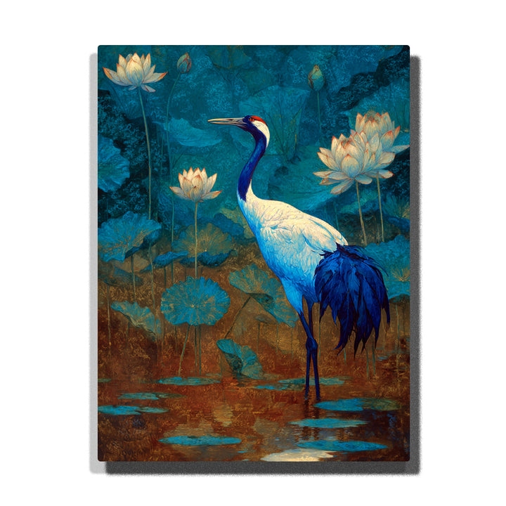 Blue crane standing in lotus pond with white blossoms, teal lily pads, red crown accent, dark tail feathers, and blue-green wildlife paint by numbers wall art.