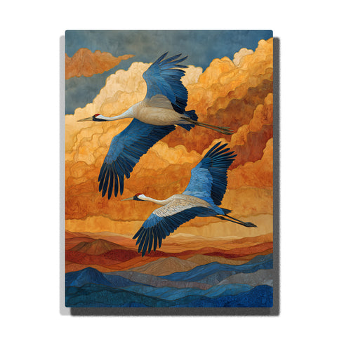 Two flying cranes with blue wings over layered golden clouds, rolling mountain bands, orange sky, and decorative wildlife paint by numbers wall art.