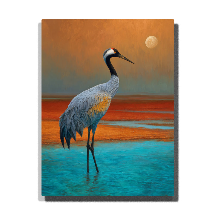 Standing crane in turquoise water with orange moon sky, red shoreline, blue-gray feathers, red crown accent, and animal paint by numbers wall art.