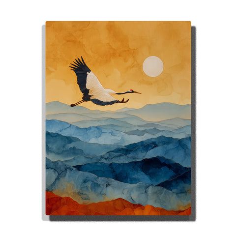 Flying crane over blue mountain layers with ochre-gold sky, pale sun, black wing tips, red crown accent, and animal paint by numbers wall art.