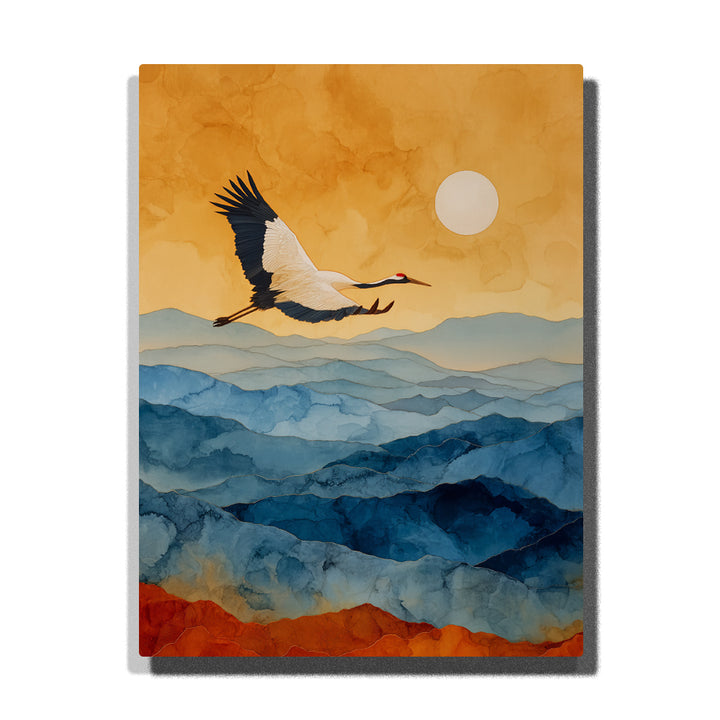 Flying crane over blue mountain layers with ochre-gold sky, pale sun, black wing tips, red crown accent, and animal paint by numbers wall art.