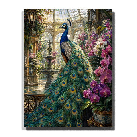Majestic blue peacock with detailed feather patterns in glass conservatory surrounded by tropical orchids and botanical garden elements Paint by Numbers artwork by PaintEasy