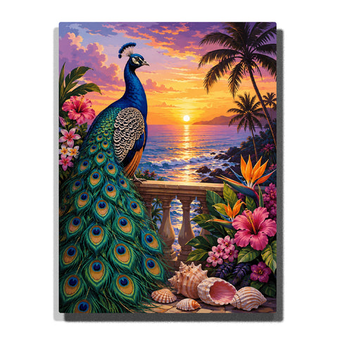 Majestic peacock by tropical sunset ocean with palm trees, hibiscus flowers, seashells and colorful feather details Paint by Numbers artwork by PaintEasy