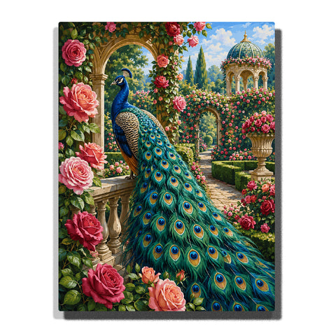 Majestic blue peacock with detailed feather train in rose garden with European pavilion, stone arches and botanical landscape Paint by Numbers artwork by PaintEasy