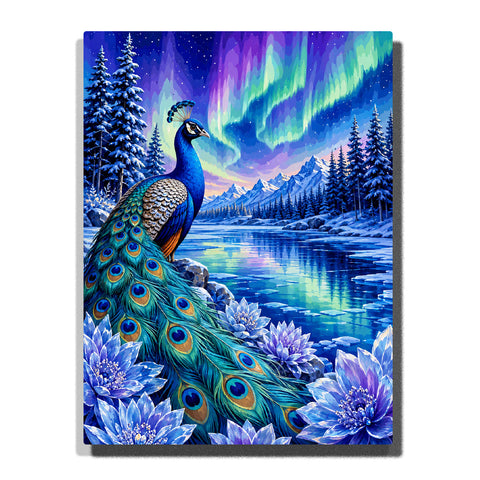 Peacock under northern lights with crystal lake, snowy mountains, pine forest and purple winter flowers Paint by Numbers artwork by PaintEasy