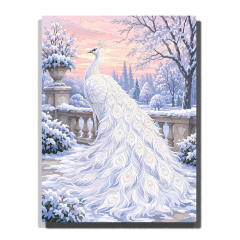 Snowy white peacock with flowing feather train in a frosted winter garden, classical stone terrace and pastel sunrise Paint by Numbers artwork by PaintEasy