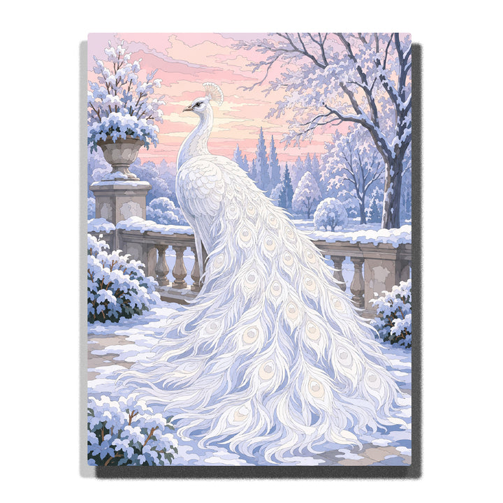 Snowy white peacock with flowing feather train in a frosted winter garden, classical stone terrace and pastel sunrise Paint by Numbers artwork by PaintEasy