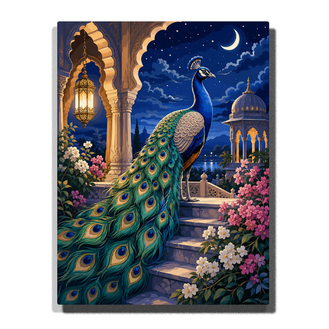 Moonlit peacock in an Islamic garden with golden lantern, palace pavilion, marble staircase and blooming flowers Paint by Numbers artwork by PaintEasy