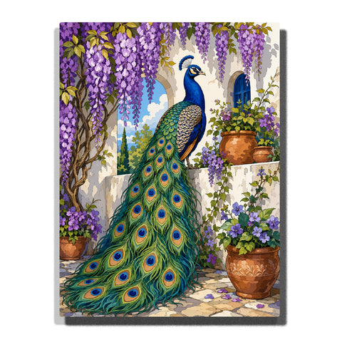 Elegant peacock in a Mediterranean wisteria courtyard with cascading purple flowers, terracotta pots and white stone architecture Paint by Numbers artwork by PaintEasy
