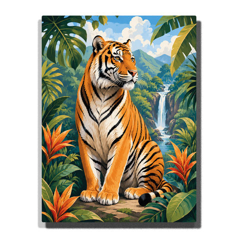 Majestic tiger sitting in tropical jungle with waterfall, mountain landscape, exotic plants and lush green foliage Paint by Numbers by PaintEasy