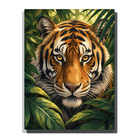 Close-up tiger face hidden in tropical jungle leaves with golden eyes, orange black fur patterns and dense green foliage Paint by Numbers by PaintEasy