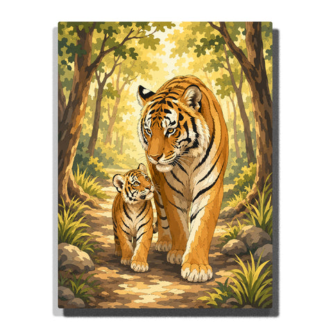 Tiger mother walking with cub through forest path with trees, sunlight, green plants and natural woodland landscape Paint by Numbers by PaintEasy