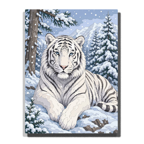 White tiger resting in snowy forest with blue eyes, pine trees, snow-covered mountains and winter wildlife landscape Paint by Numbers by PaintEasy