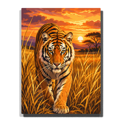 Tiger walking through golden grassland at sunset with orange sky, tall grass, savannah landscape and wildlife scenery Paint by Numbers by PaintEasy