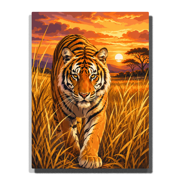 Tiger walking through golden grassland at sunset with orange sky, tall grass, savannah landscape and wildlife scenery Paint by Numbers by PaintEasy