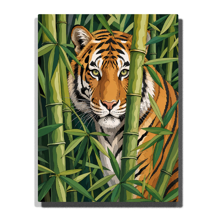 Tiger hidden among bamboo leaves with orange black stripes, green jungle foliage, wildlife portrait Paint by Numbers wall art