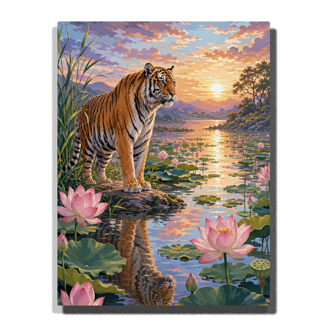 Tiger standing beside lotus pond with pink flowers, mountain sunset, water reflections and peaceful wildlife landscape Paint by Numbers by PaintEasy