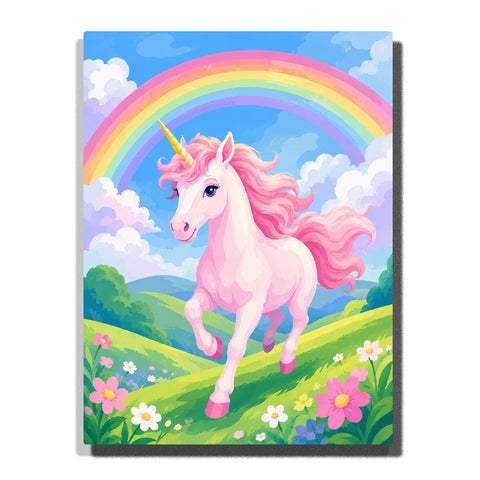 Pink unicorn running through rainbow meadow with colorful flowers, green hills, fluffy clouds and magical fantasy landscape Paint by Numbers by PaintEasy