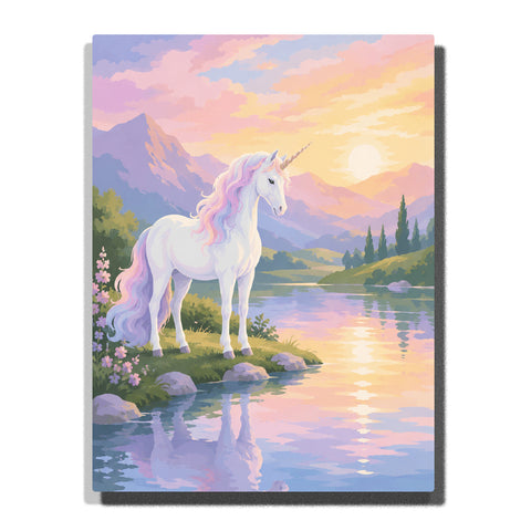 White unicorn with rainbow mane beside mountain lake with pastel sunset sky, flowers, water reflections and fantasy landscape Paint by Numbers by PaintEasy