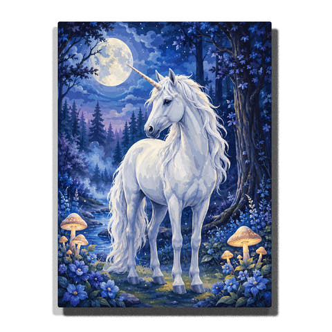 White unicorn standing in moonlit forest with full moon, blue flowers, glowing mushrooms, flowing mane and magical night landscape Paint by Numbers by PaintEasy