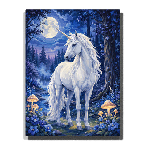 White unicorn standing in moonlit forest with full moon, blue flowers, glowing mushrooms, flowing mane and magical night landscape Paint by Numbers by PaintEasy
