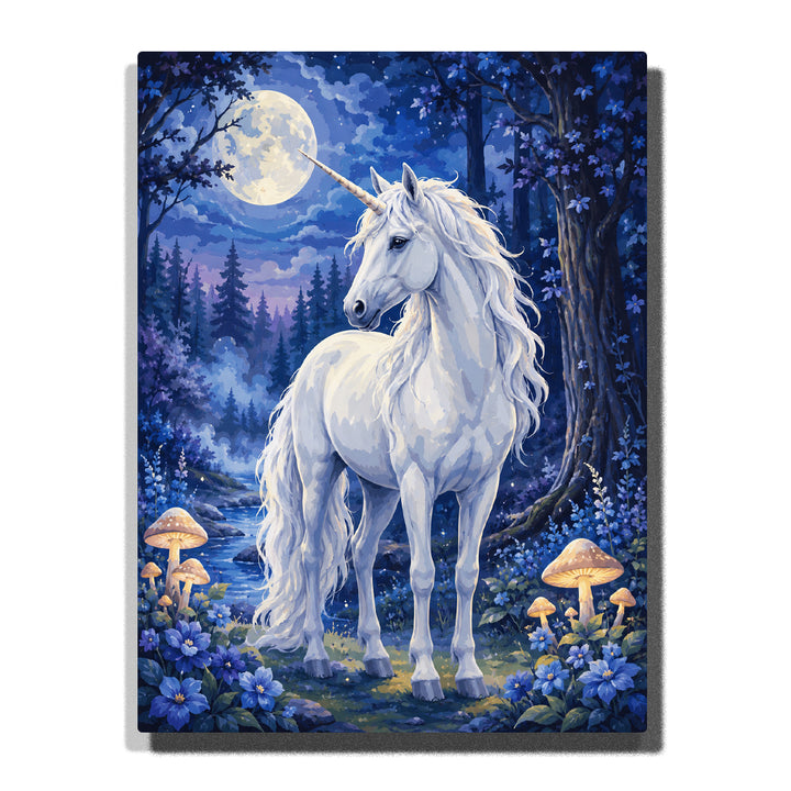 White unicorn standing in moonlit forest with full moon, blue flowers, glowing mushrooms, flowing mane and magical night landscape Paint by Numbers by PaintEasy