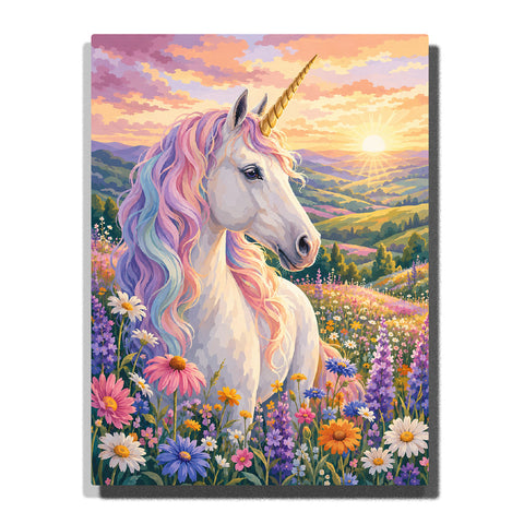 Pastel unicorn portrait with rainbow mane, golden horn, flower meadow, daisies, wildflowers, rolling hills and sunrise landscape Paint by Numbers by PaintEasy