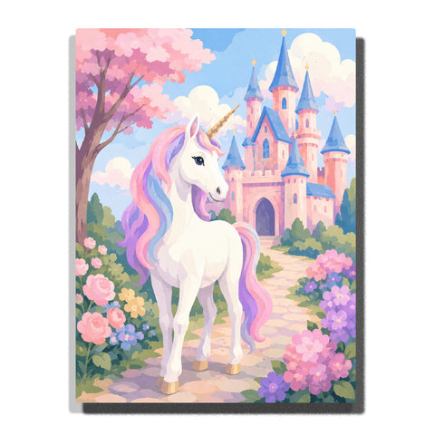 White unicorn with rainbow mane in fantasy castle garden with pink flowers, pastel trees, stone pathway and fairytale castle background Paint by Numbers by PaintEasy
