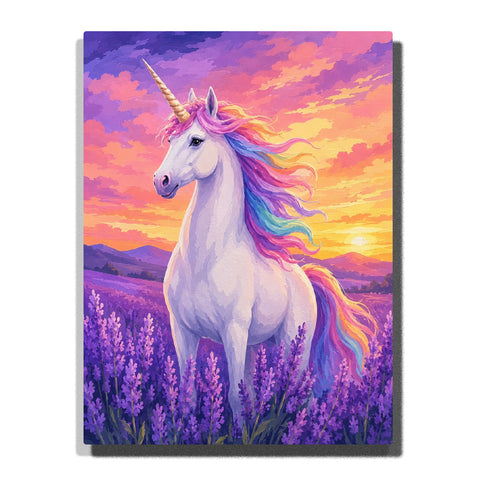 White unicorn with rainbow mane standing in lavender field with purple flowers, sunset sky, mountains and fantasy landscape Paint by Numbers by PaintEasy