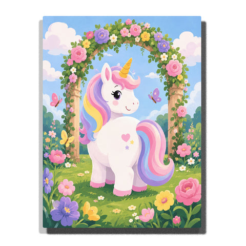 Cute white unicorn with rainbow mane under flower arch with butterflies, colorful garden flowers and magical fantasy meadow Paint by Numbers by PaintEasy